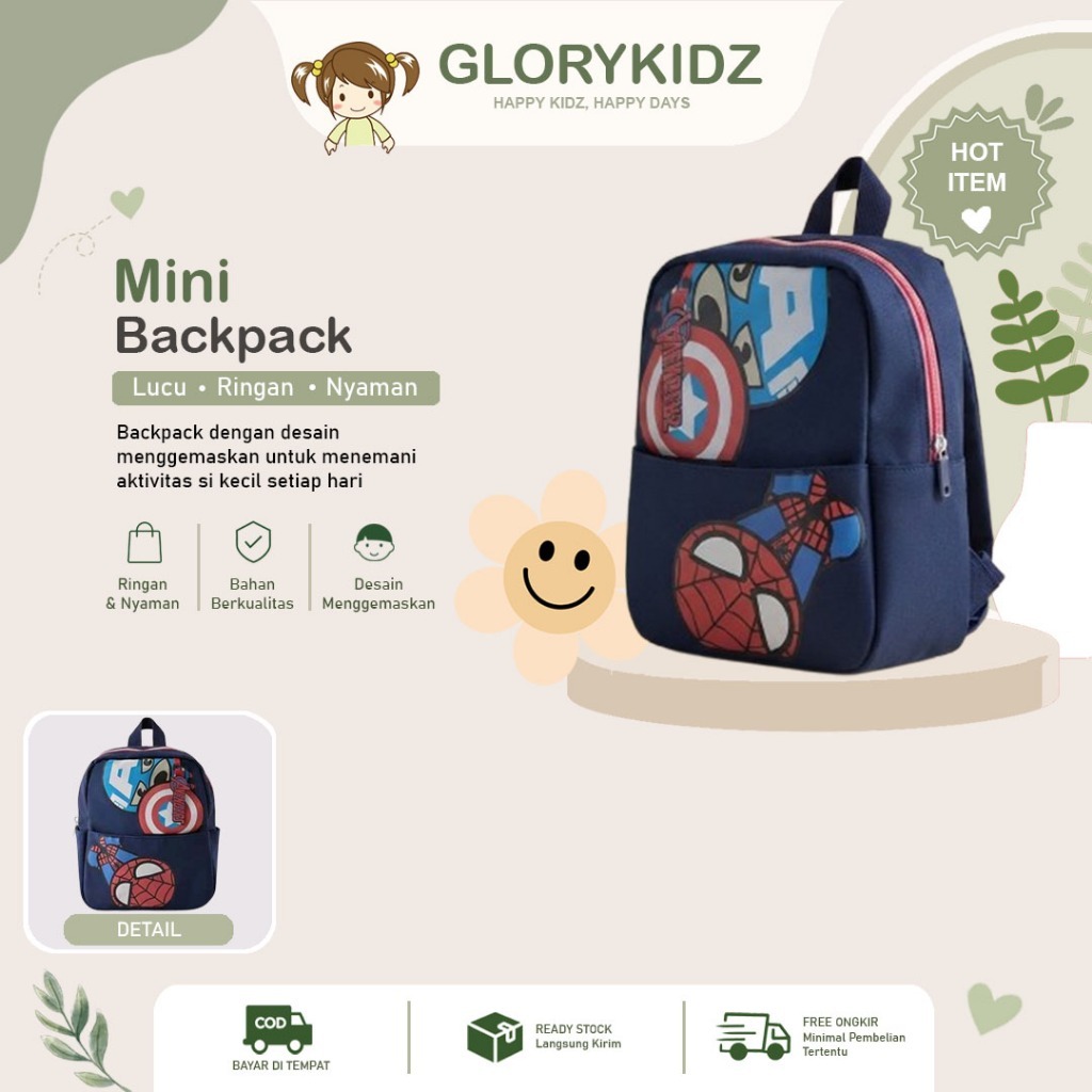Tas Anak Laki Laki Import GLORYKIDZ BAB439R Ransel Sekolah TK PAUD Playgroup Motif Spiderman