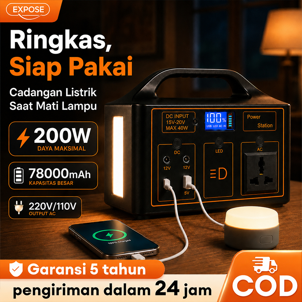 EXPOSE Portable Power Station 200W 76.8Wh, Genset Portabel AC 220V/110V, Universal Stopkontak, Campi