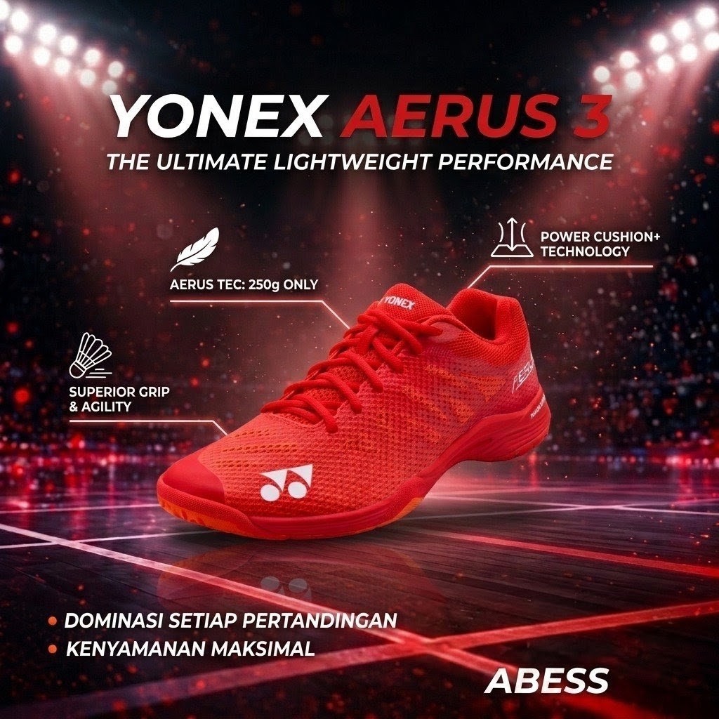 Sepatu Badminton Yonex Power Cushion Aerus 3 Red Merah Ringan & Empuk Premium