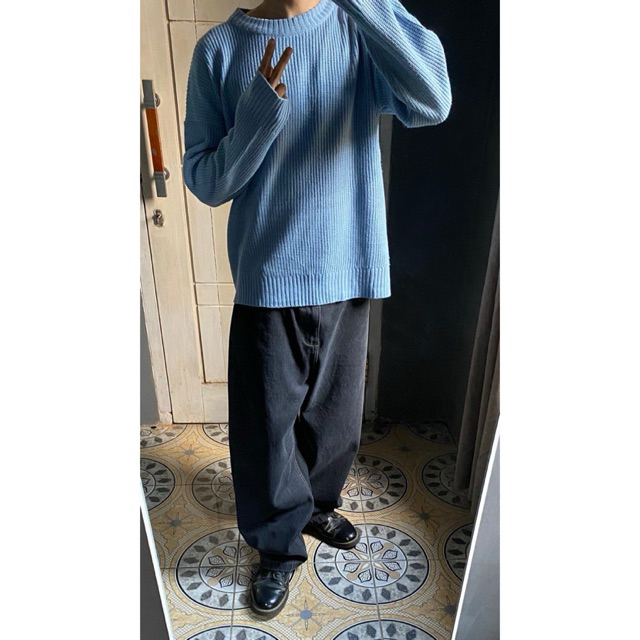 BLONDNINE Soft Sky Blue Knit Sweater Crewneck Pullover Minimalist Cozy Korean Style.