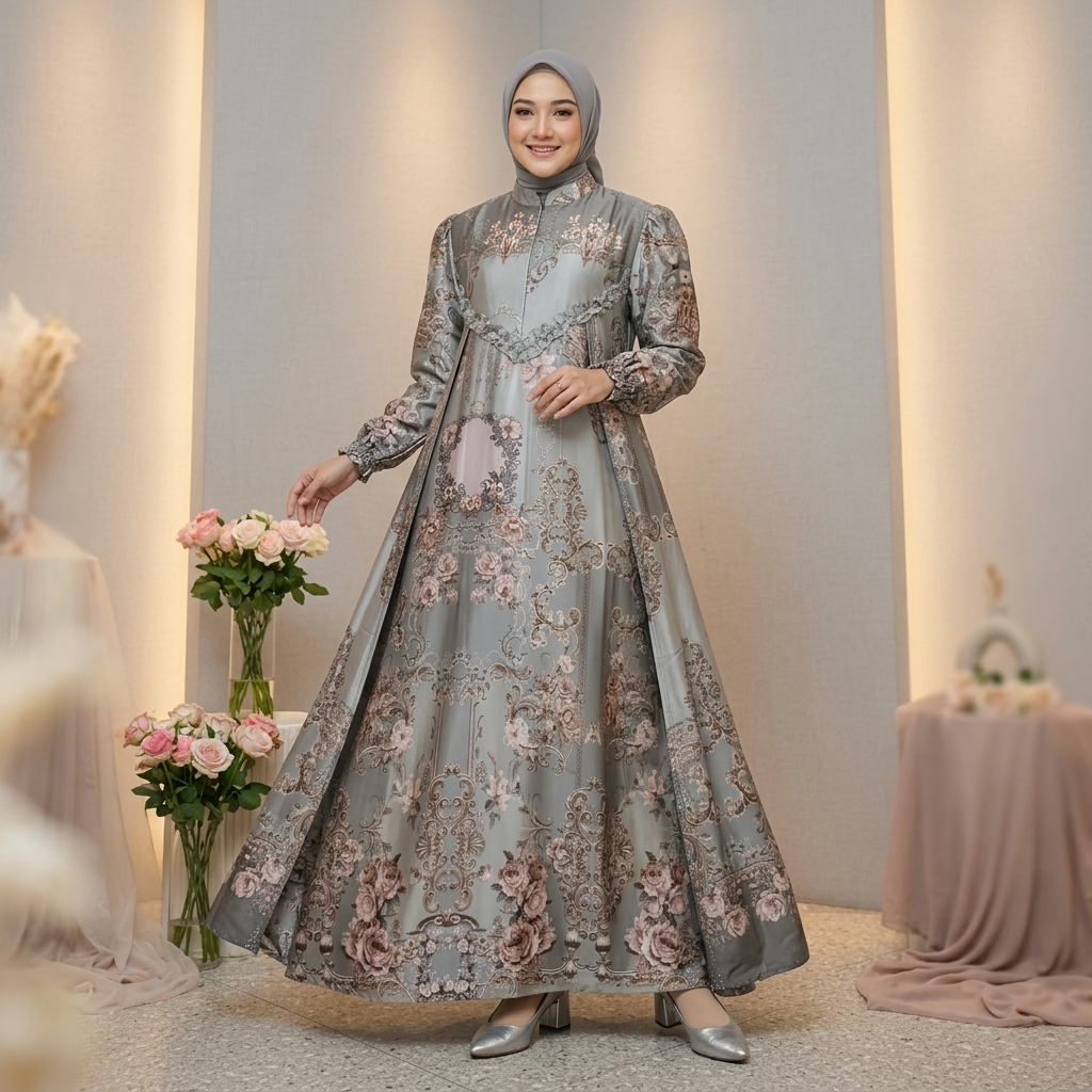 Gamis Amanda Cleopatra Bahan Silky Printing Motif Cantik Rompi Kanan Kiri MOTIF BUNGA RANDOM Nyaman 