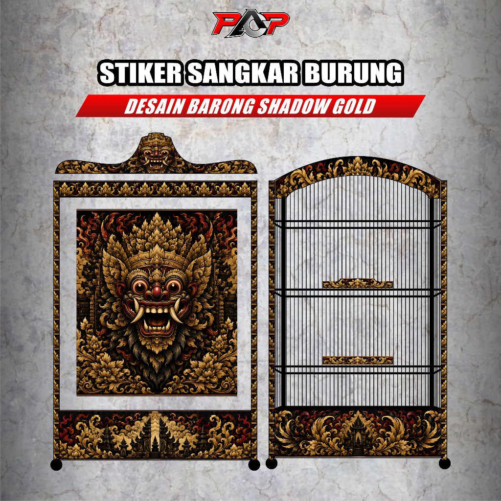 Sticker Decal Sangkar Burung - Stiker Dekal Kandang Burung DESAIN Barong Shadow Gold - model Kotak /