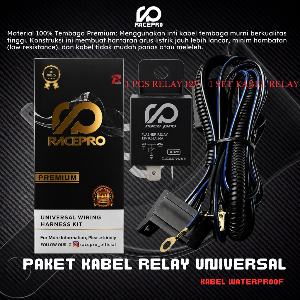 RacePro Flasher Relay 12V 0.02A-20A DC12V dengan Set Kabel Relay Universal