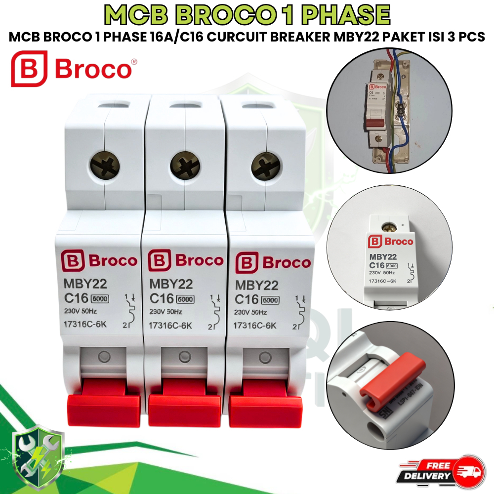 BROCO MCB C16 PAKET 3 PCS /  Pemutus Arus Listrik Mini 1 Phase16 Ampere (C16) BROCO SNI PAKET 3 PCS.