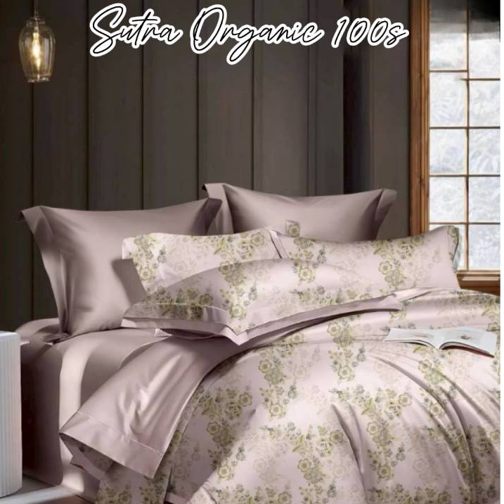 Sprei Set Sutra Organik 100s Serat Bamboo Motif Polos Bunga Aesthetic Size King Single Double Bed - 