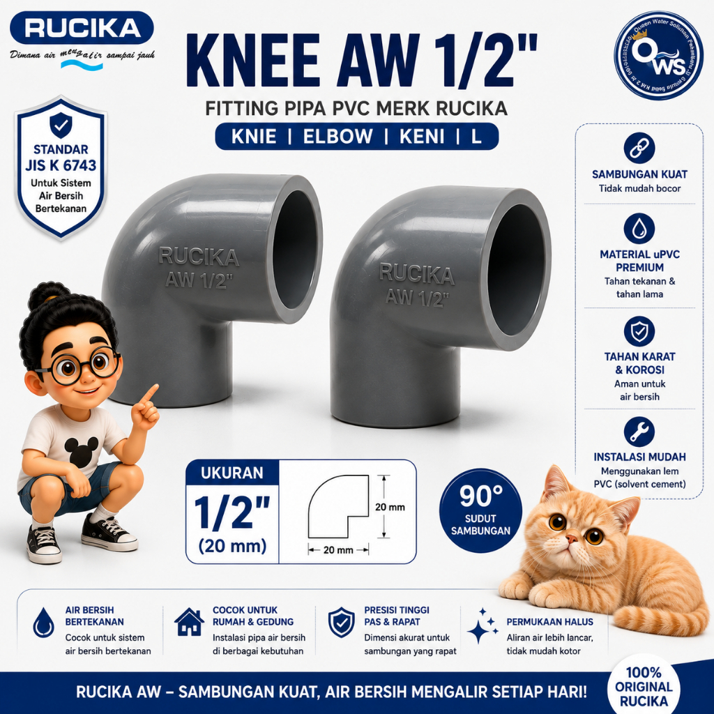 KNEE AW 1/2" FITTING PIPA PVC RUCIKA | KNIE | ELBOW | KENI | L 90° | Sambungan Pipa Air Bersih 20mm 