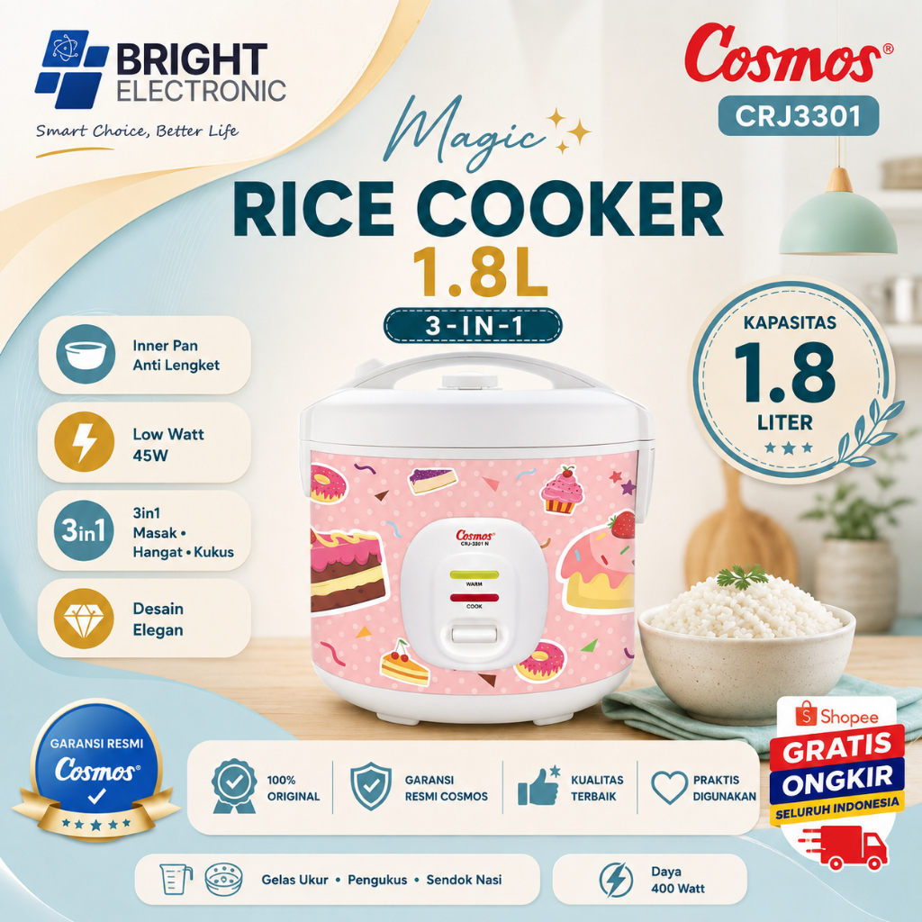 COSMOS Rice Cooker Cosmos CRJ 3301 Cake -1.8Liter TERMURAH ORI/CRJ 3301/CRJ3301/CRJ-3301/CRJ 3301
