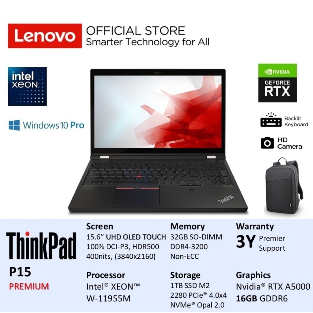 Lenovo ThinkPad P15 Intel Xeon W-11955M 32GB 1TB NVidia RTX A5000 16GB Win10Pro 15.6" UHD OLED Touch