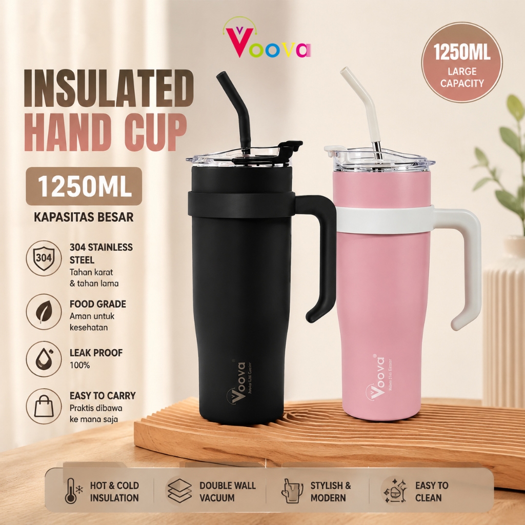VOOVA 1250ML Botol Minum Stainless Steel Dengan Cangkir Stainless/304 Gelas Stainless Steel/Mug Berk