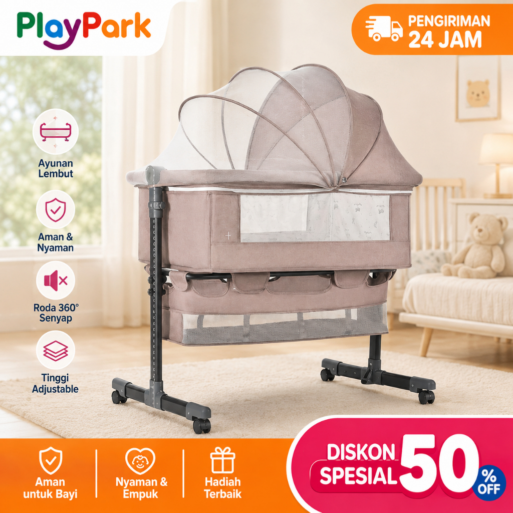 PlayPark Bayi Box Ranjang Bayi Lipat Portable Dengan Kelambu Roda Rem Tempat Tidur Bayi Multifungsi