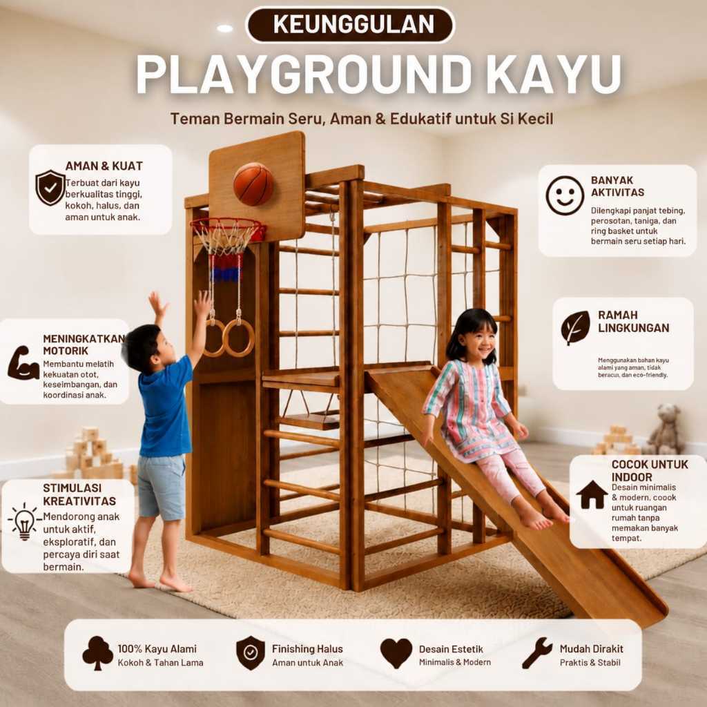 Brakiasi Anak Kayu Playground Fullset – Ayunan Panjatan Climber Monkey Bar Prosotan Super Kuat