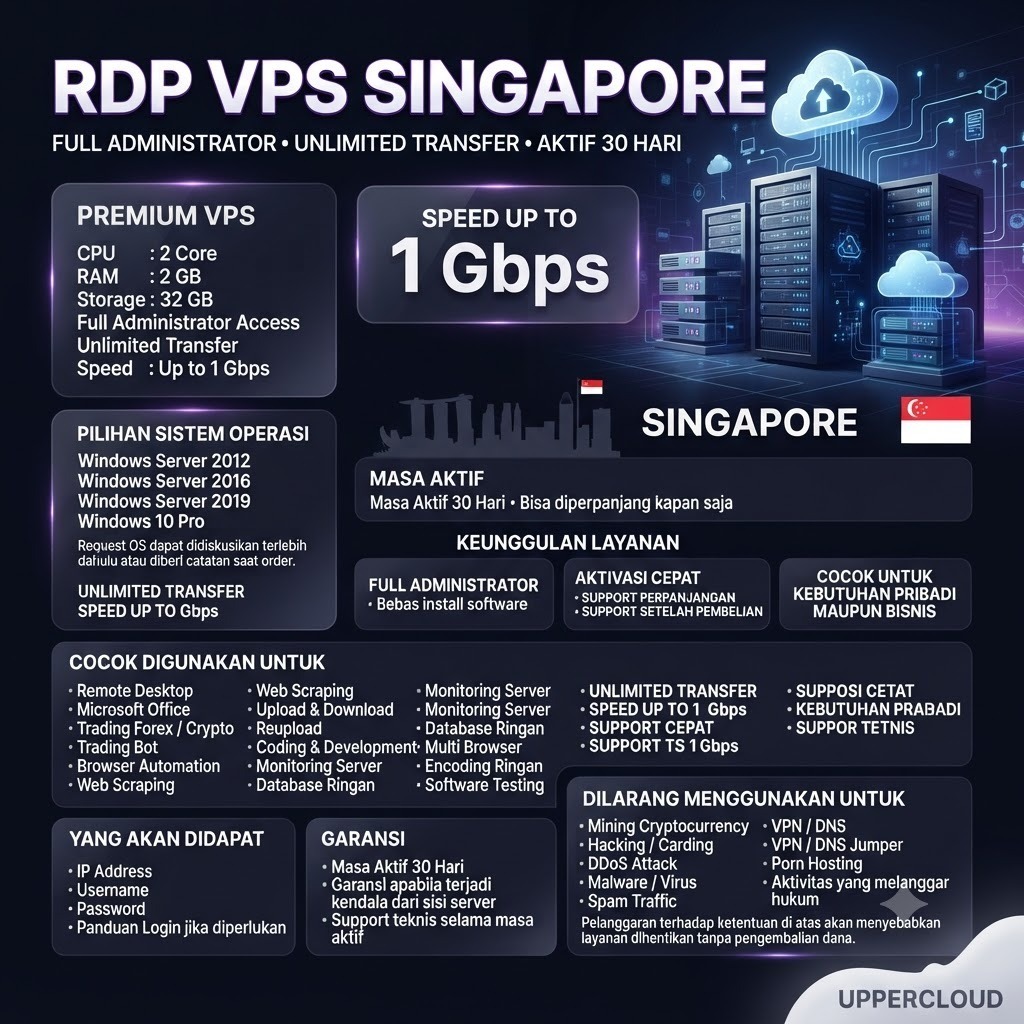 VPS RDP Windows Linux 2 Core 2GB RAM Full Admin Garansi 30 Hari Server Singapore Anti Suspend Legal