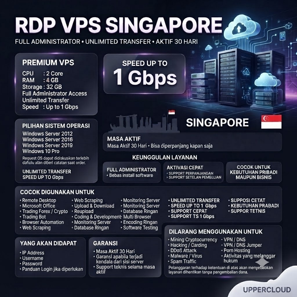 VPS RDP Windows Linux 2 Core 4GB RAM Full Admin Garansi 30 Hari Server Singapore Anti Suspend Legal