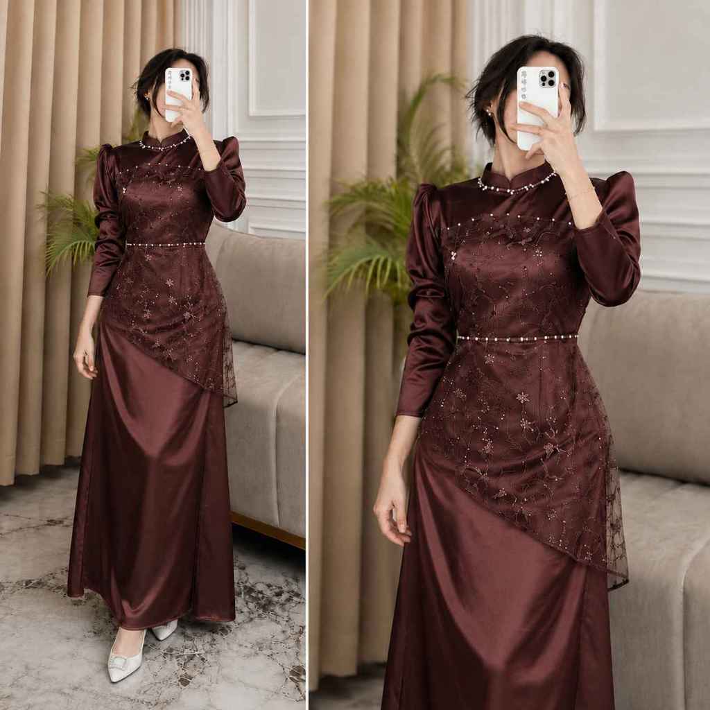 Nara Gamis Janggan Maxy Brukat Payet Satin Velvet Slim Fit Pesta Kondangan Wanita Burgundy Mahogany