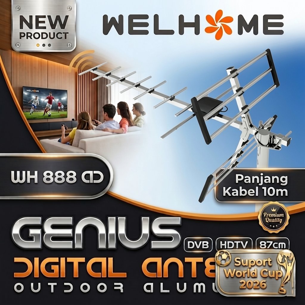 Antena TV Digital Outdoor WELHOME  WH-888 AD Free Kabel 10 Meter Support Set Top Box TV Digital