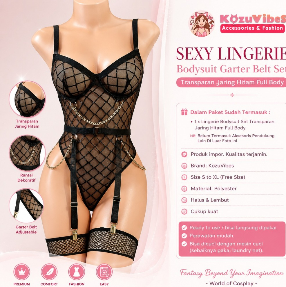 Kozuvibes Sexy Lingerie Bodysuit Set Transparan Jaring Hitam Full Body