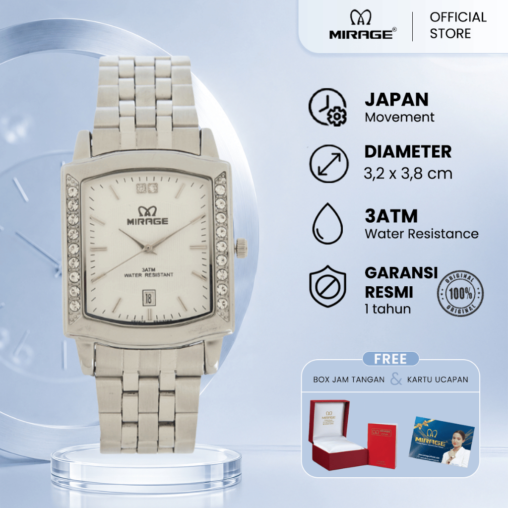 Mirage Jam Tangan Original Pria Permata Analog 7442 M Silver Original Stainless