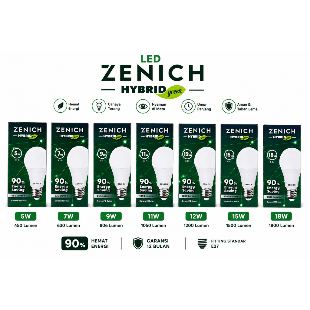LAMPU LED BULB ZENICH HYBRID 5W, 7W, 9W, 12W, 15W, 18W Putih