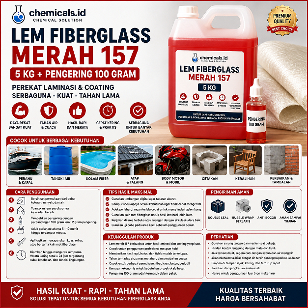 Lem Fiberglass Merah 157 5 Kg Tanpa Pengering - Perekat Laminasi Coating Waterproofing untuk Perahu 