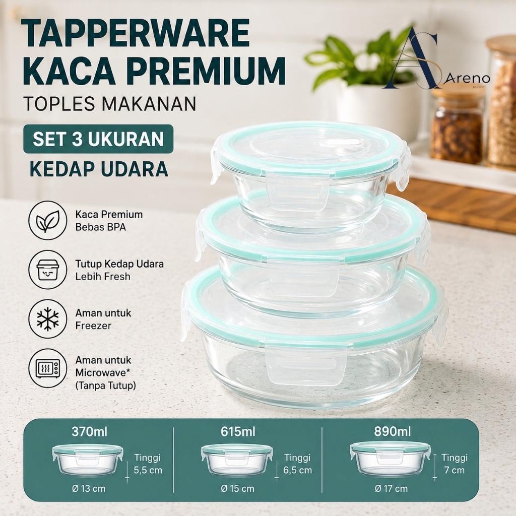 Tapperware Kaca Set 3 Ukuran Premium Inclued Box Tempat Makanan Kedap Udara Food Grade