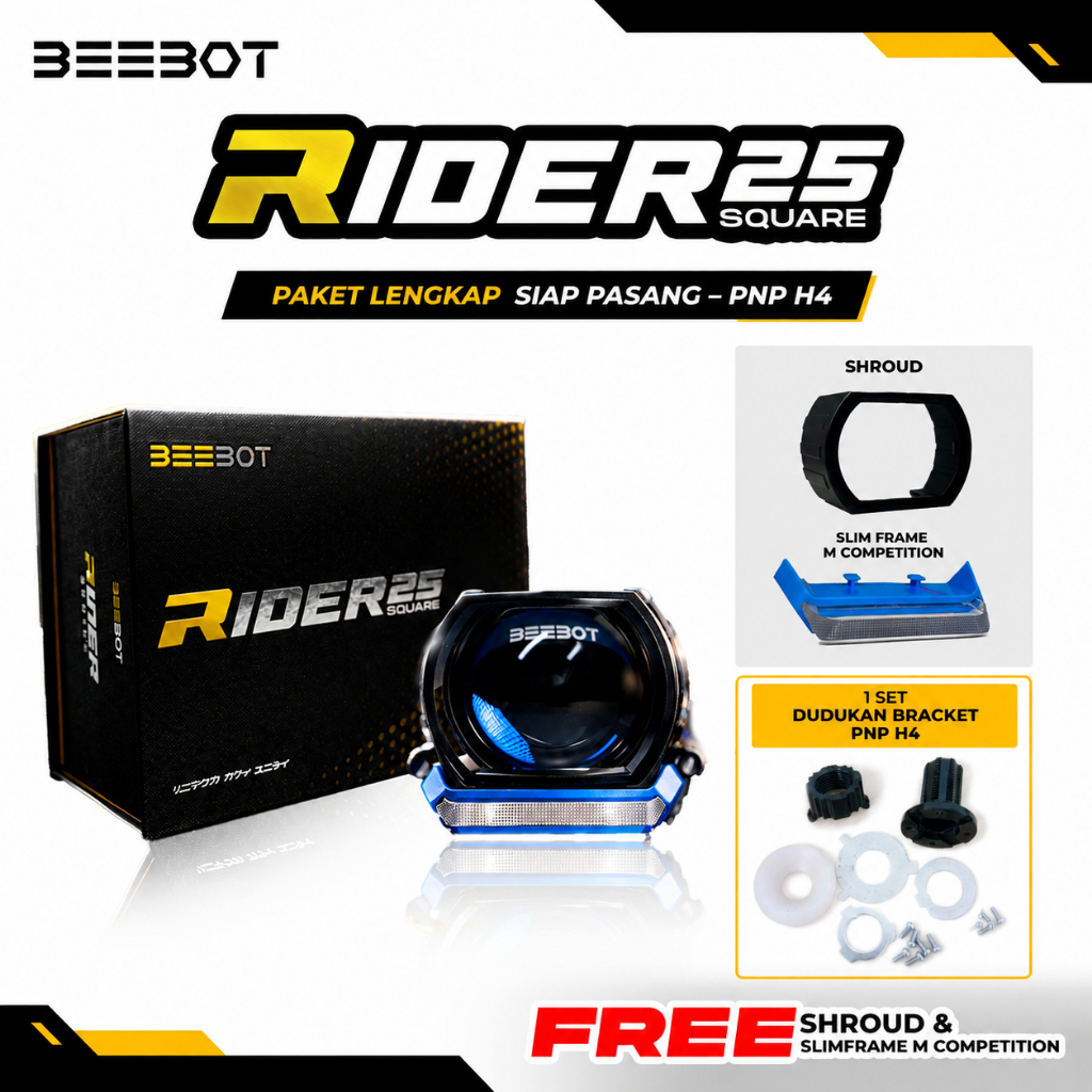 BEEBOT Biled RIDER 25 Square 2.5” inch Bi-LED Projector Free Shroud & Slim Frame M Competition– Plug