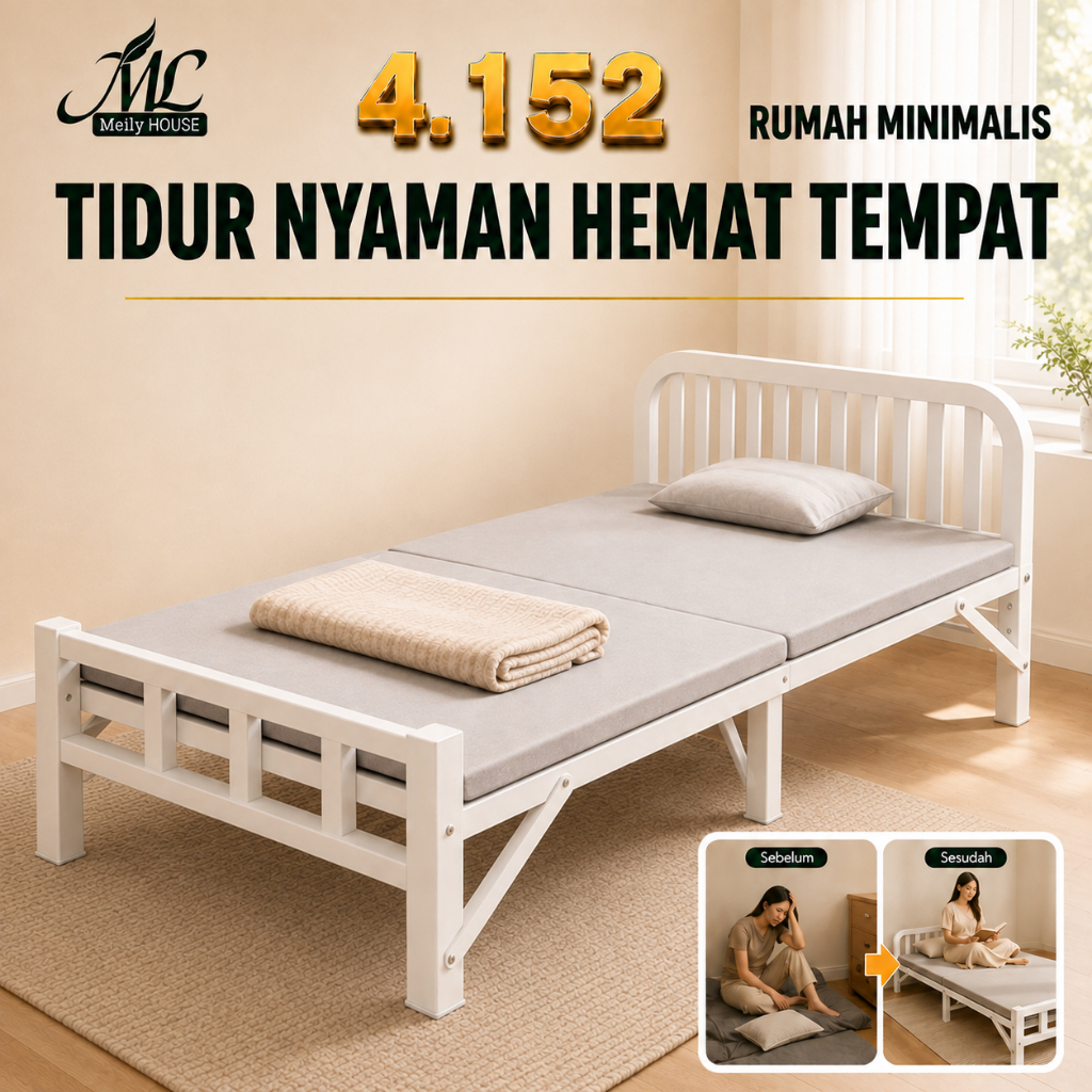 Ranjang Lipat Besi Putih Portable Tempat Tidur Lipat Minimalis Dipan Lipat untuk Rumah