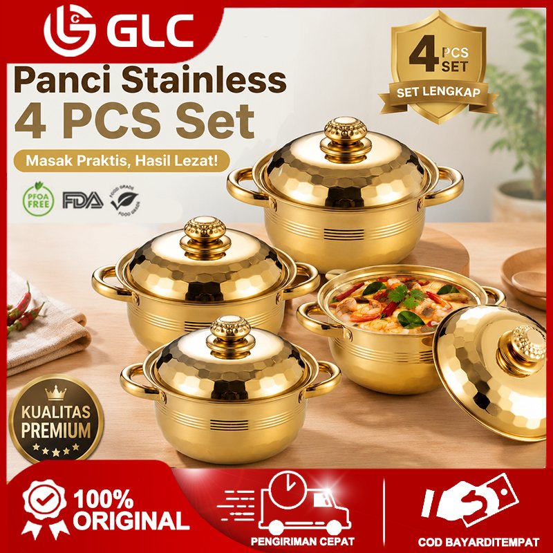 Set Panci Stainless GLC 4 Gold PCS Set warna emas dengan tutup dan pegangan