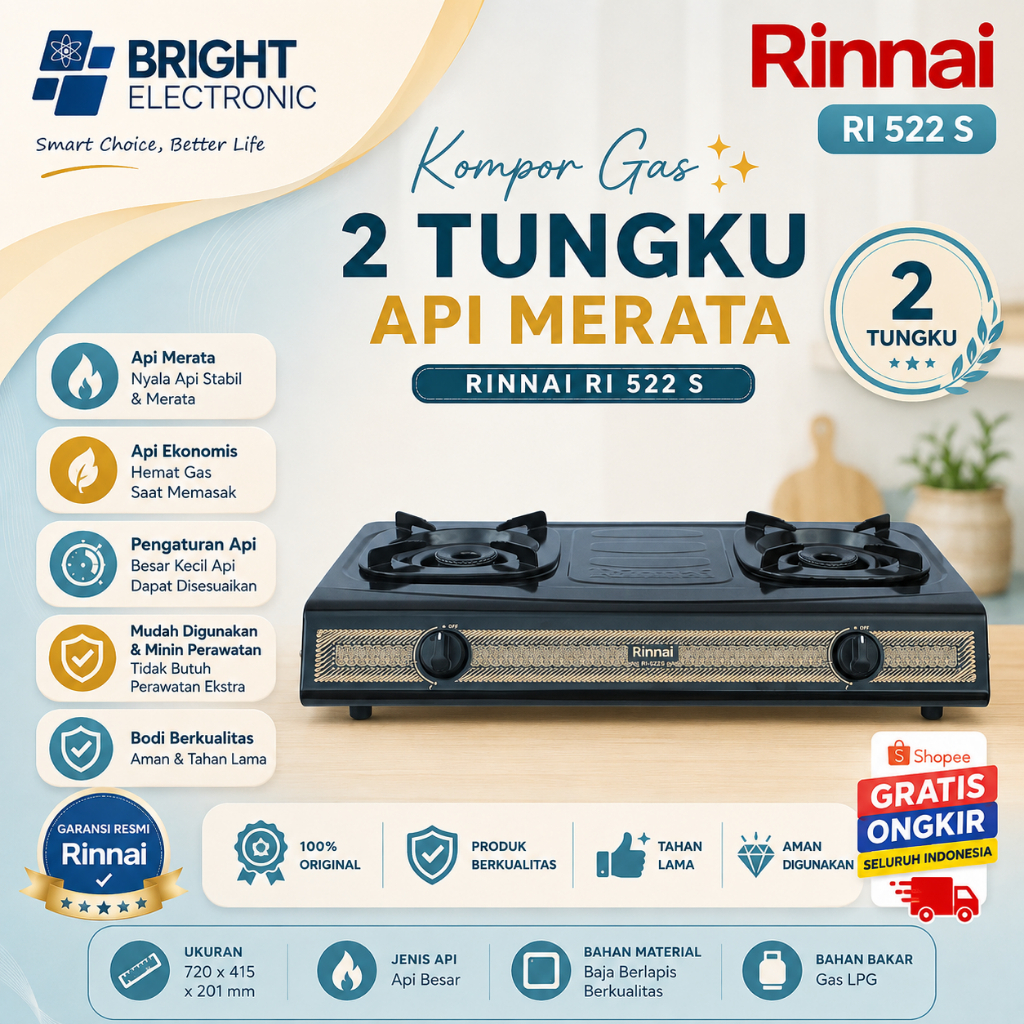 RINNAI KOMPOR GAS 2 TUNGKU RI 522 S Kompor Gas/RI522S/RI522 S/RI 522S/RI-522S/RI-522 S/SUN BUNNER