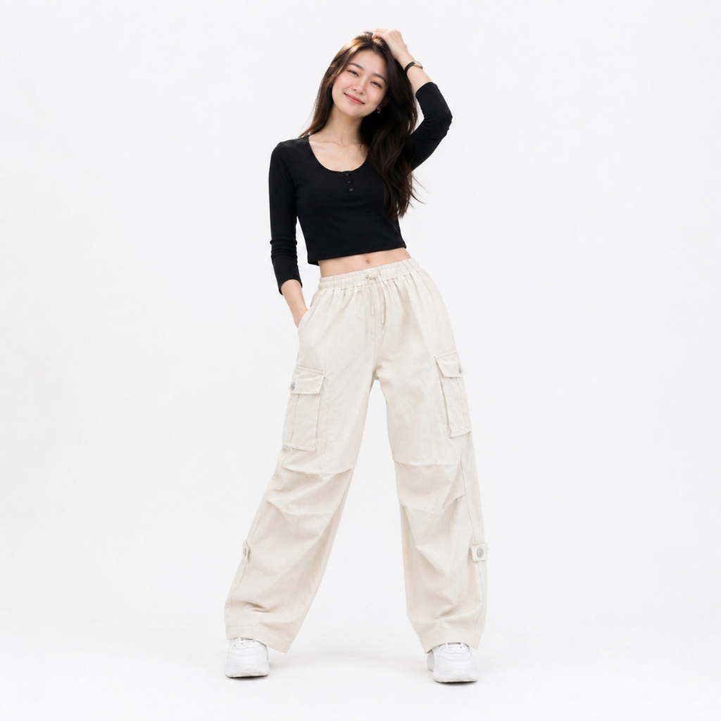 Celana Cargo Oversize Cewek Loose Pants Matt Katun Combad Twill Melar Jumbo Warna Cream Army Hitam A