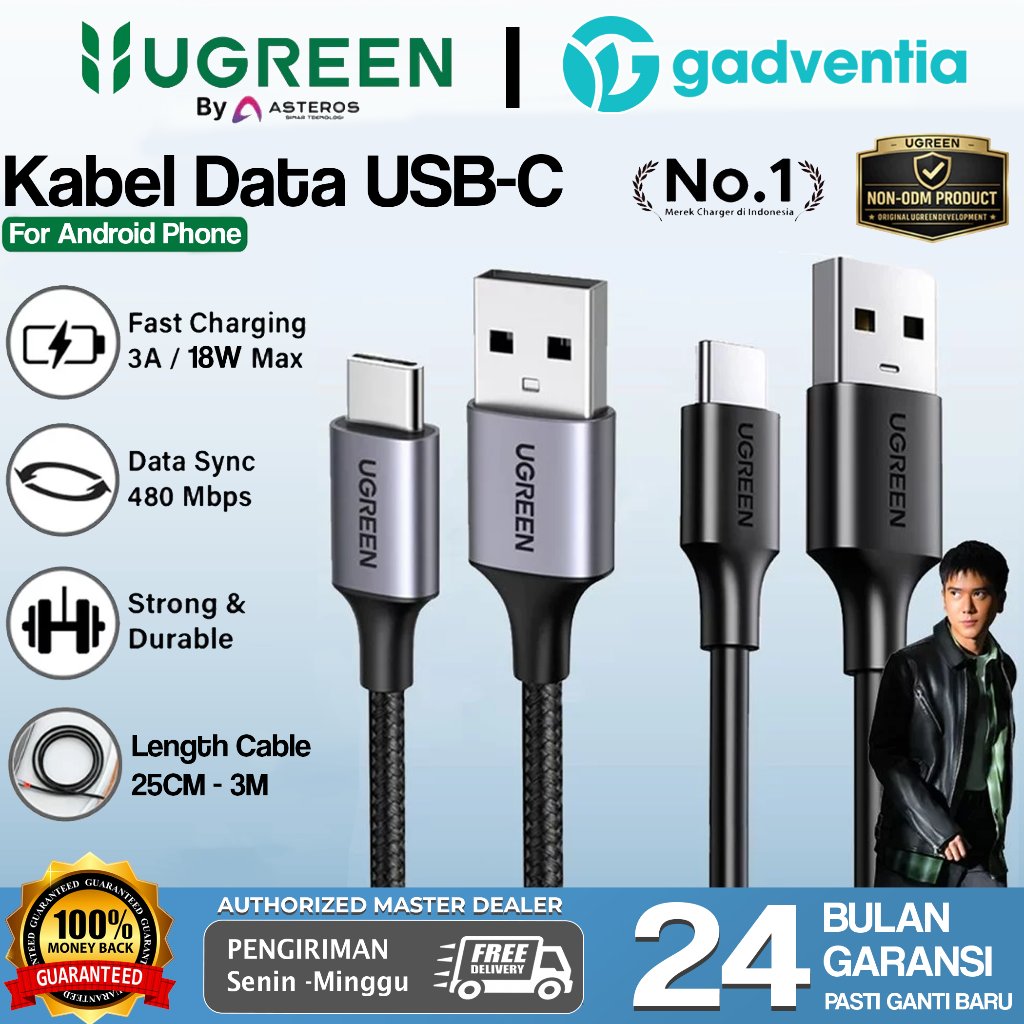 Ugreen Kabel Data USB Type C Nylon PVC Fast Charging 3A Max For Samsung Oppo Vivo Realme Infinix