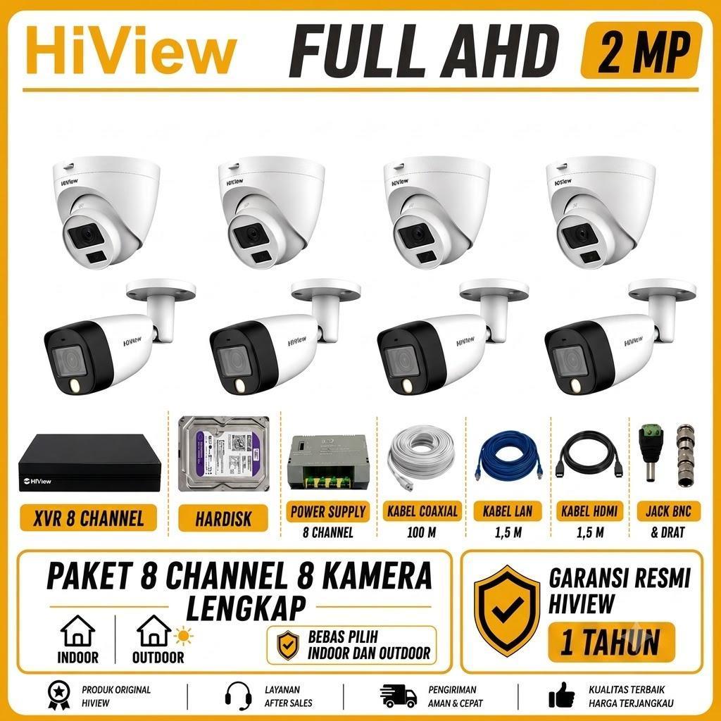 Paket CCTV HiView Lengkap 8 Kamera 8 Channel 2MP Full HD Indoor Outdoor + DVR HDD Garansi Resmi 1 Ta