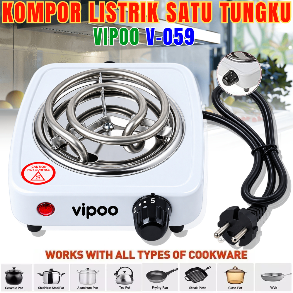 Kompor Listrik Mini Portable Vipoo V-059 | Kompor Anak Kos Praktis Traveling Kompor Serbaguna Alat M