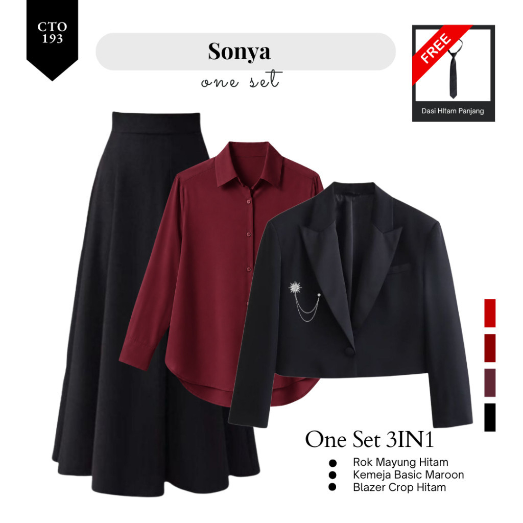 One Set 4in1 Yearbook Dark Academia ( Kemeja Maroon + Blazer Crop + Rok + Dasi ) - CTO193