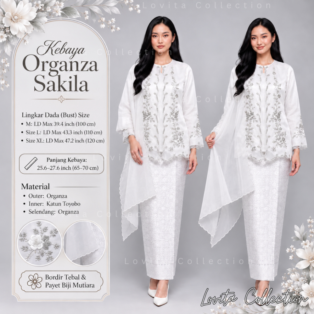 Set Kebaya Kurung Organza SAKILA Sulam Bunga Premium dan Selendang Organza / Baju Tunik Organza / Ba