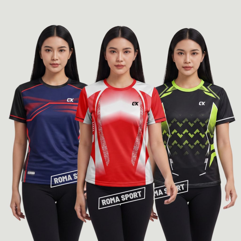 kaos Olahraga Wanita GK ROMA SPORT Lengan Pendek Motif Sport Untuk Badminton Tenis Running Jogging S