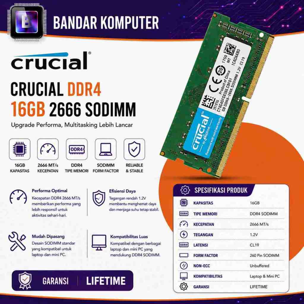 MEMORY RAM CRUCIAL SODIM DDR4 16GB 2666 Notebook