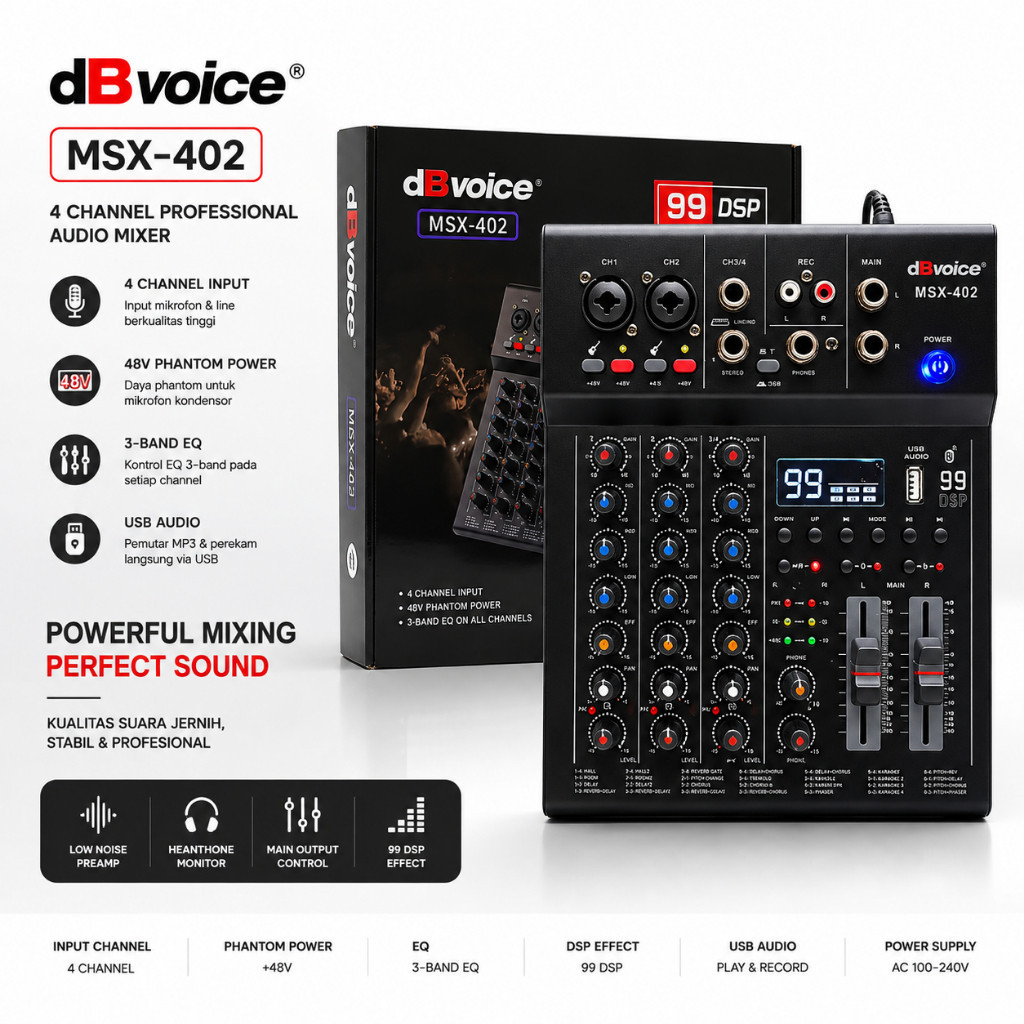 Mixer 4Channel dengan Key Control dan 99DSP Efek dBvoice MSX-402