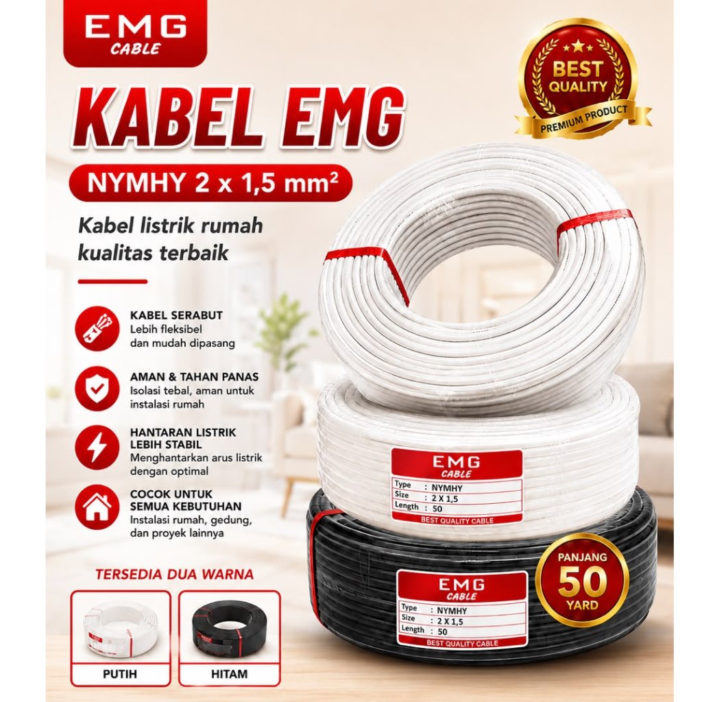 KABEL LISTRIK  ISI 2 KABEL HYO 2X1,5 PUTIH (SERABUT) 50 YARD