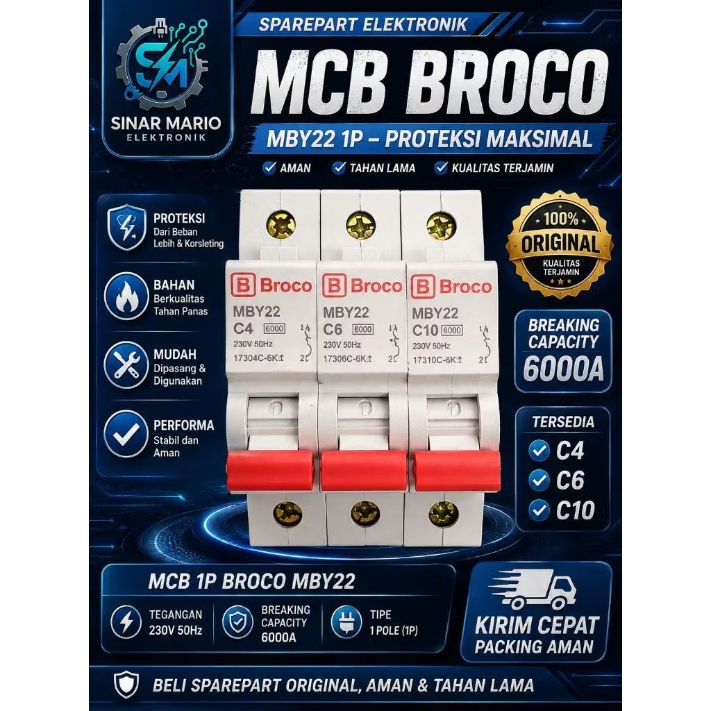 MCB BROCO MBY22 1P C4 C6 C10 | MCB LISTRIK 4A 6A 10A | MCB 1 PHASE