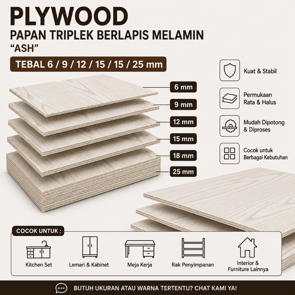 Triplek Multiplek Plywood "ASH" lapis melamin 1 lembar- papan kayu furniture Interior DIY KETEBALAN 