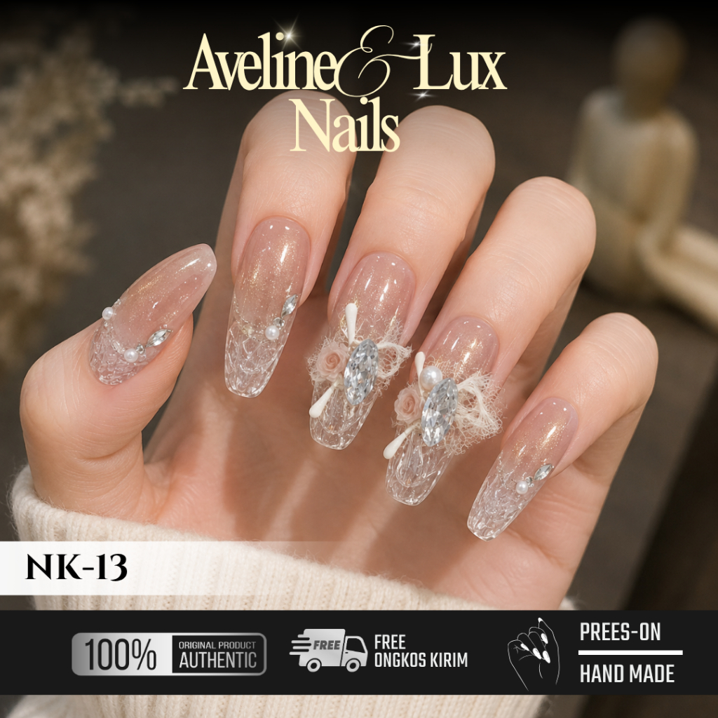 NK-13 Press On Nails Nude Gold Glitter Lace 3D Flower Crystal Luxury Handmade