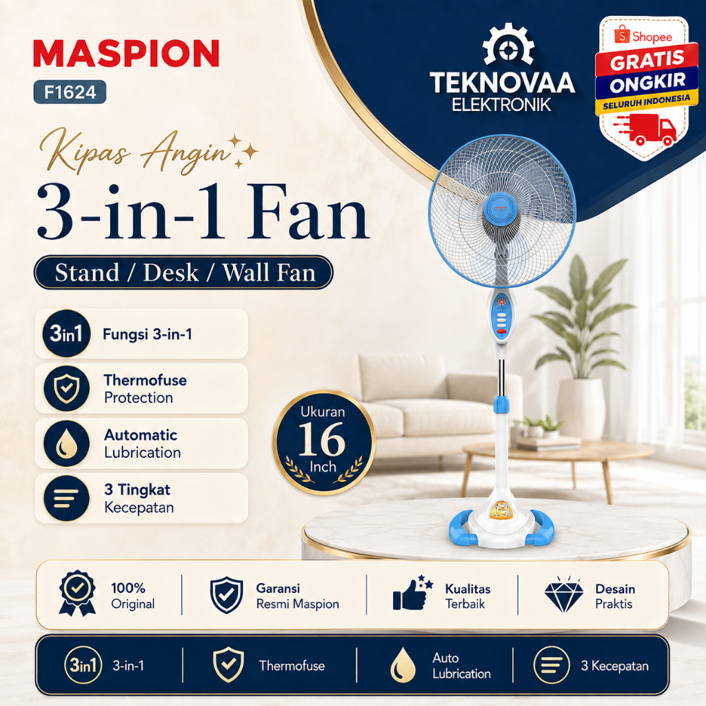 MASPION KIPAS ANGIN  F1624 16 Inch (3 in 1) STAND FAN MASPION/F1624/F-1624/F 1624 S/ORIGINAL/GARANSI