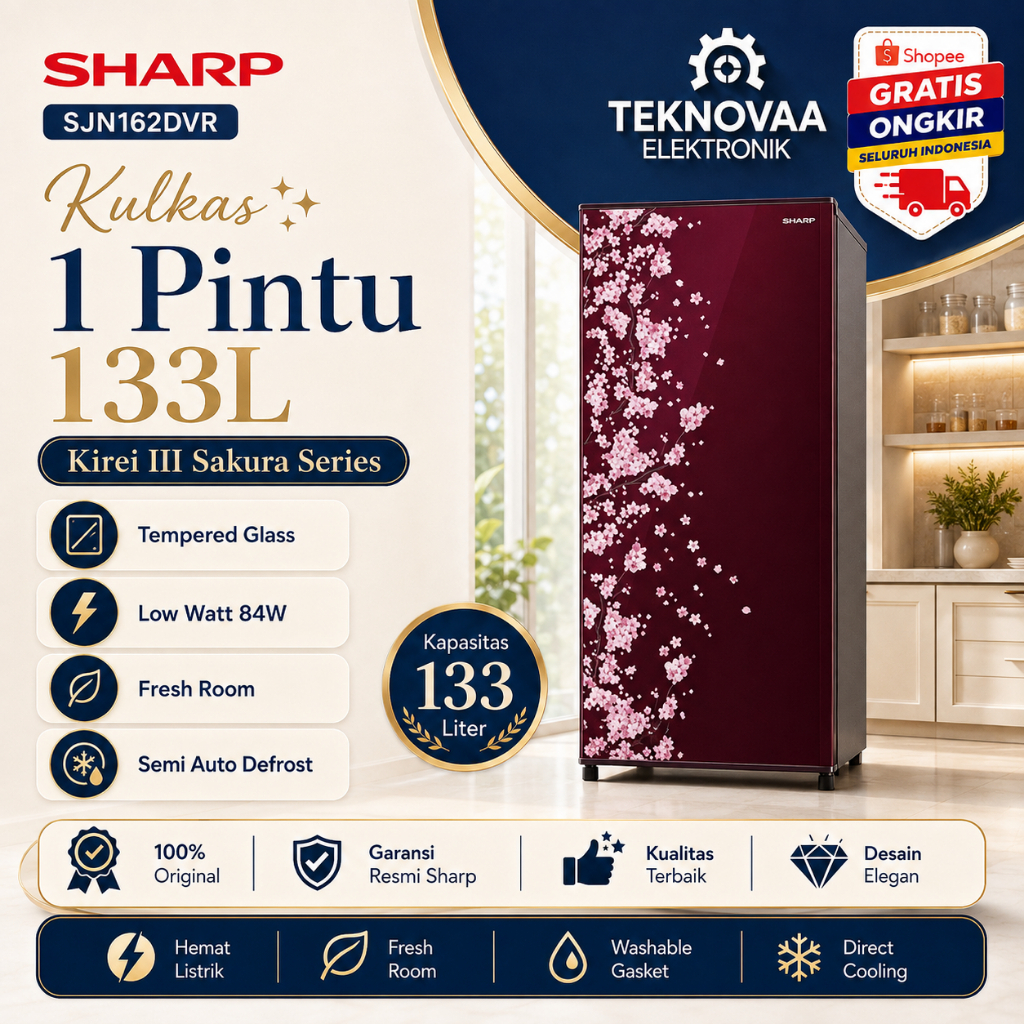 SHARP KULKAS 1 PINTU SJN162DVR 128L/SJN-162DVR/SJN 162DVR/KULKAS LOW WATT/ MURAH ORIGINAL BERGARANSI