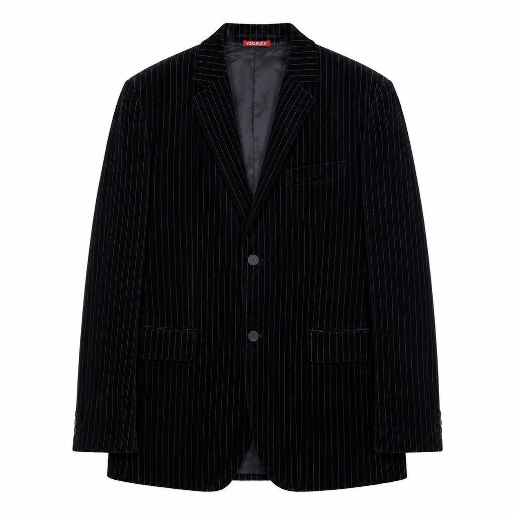 Stripe Blazer Pria Polyester Rayon Wool Motif Garis Hitam Ukuran S-XL