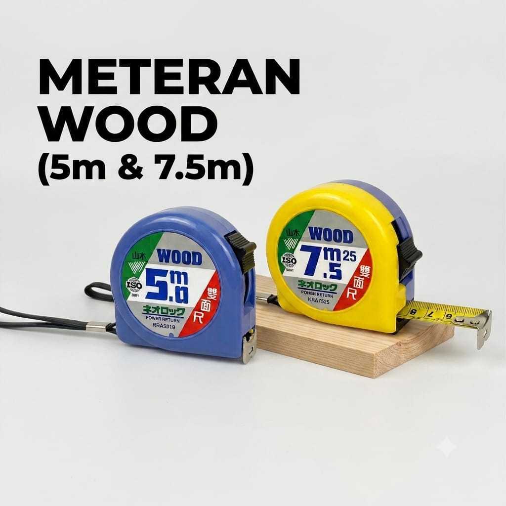 Meteran Roll 5 Meter dan 7,5 meter Measuring Tape Tools 2 Sisi merk Wood ISO 9001 Roll Meter Alat Pe
