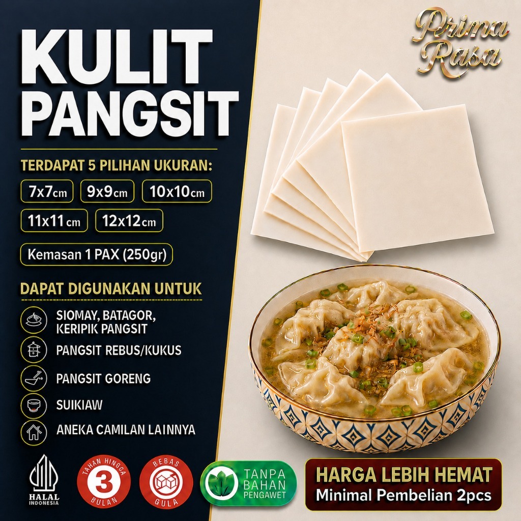 Prima Rasa - Kulit Pangsit Kotak Besar 7-12cm Halal Kulit Pangsit Mentah Rebus & Goreng Serbaguna