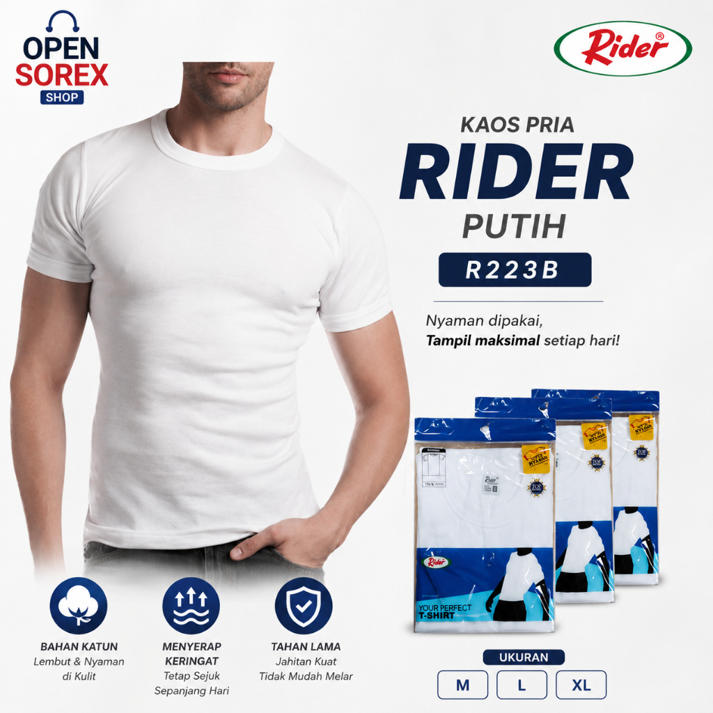 ( 3 Pcs ) Kaos Rider Putih Pria, Kaos Pria Dewasa, Oblong Rider Putih, Kaos Oblong Pria Rider