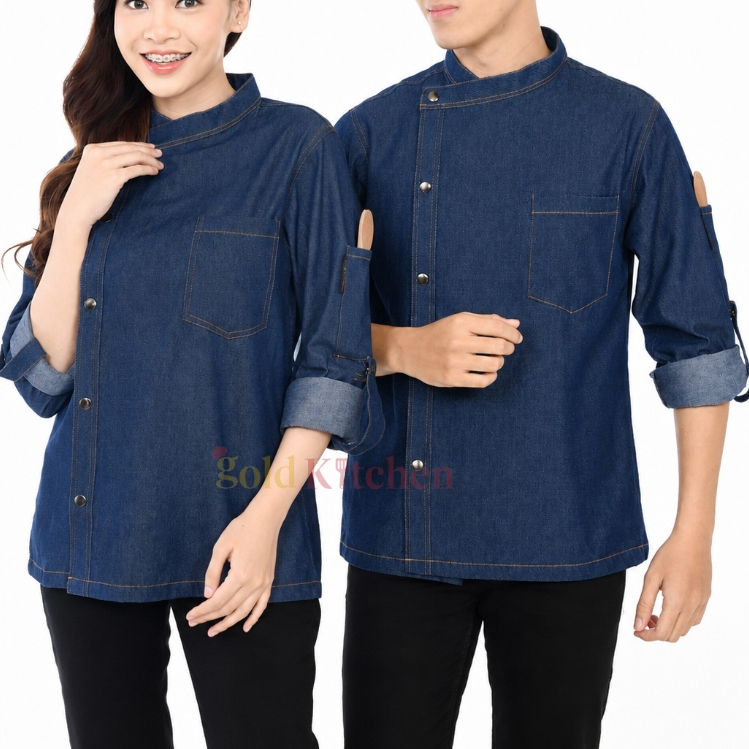 Baju Chef Baju Koki Chef Jacket Lengan Panjang Pria Wanita Bahan Denim