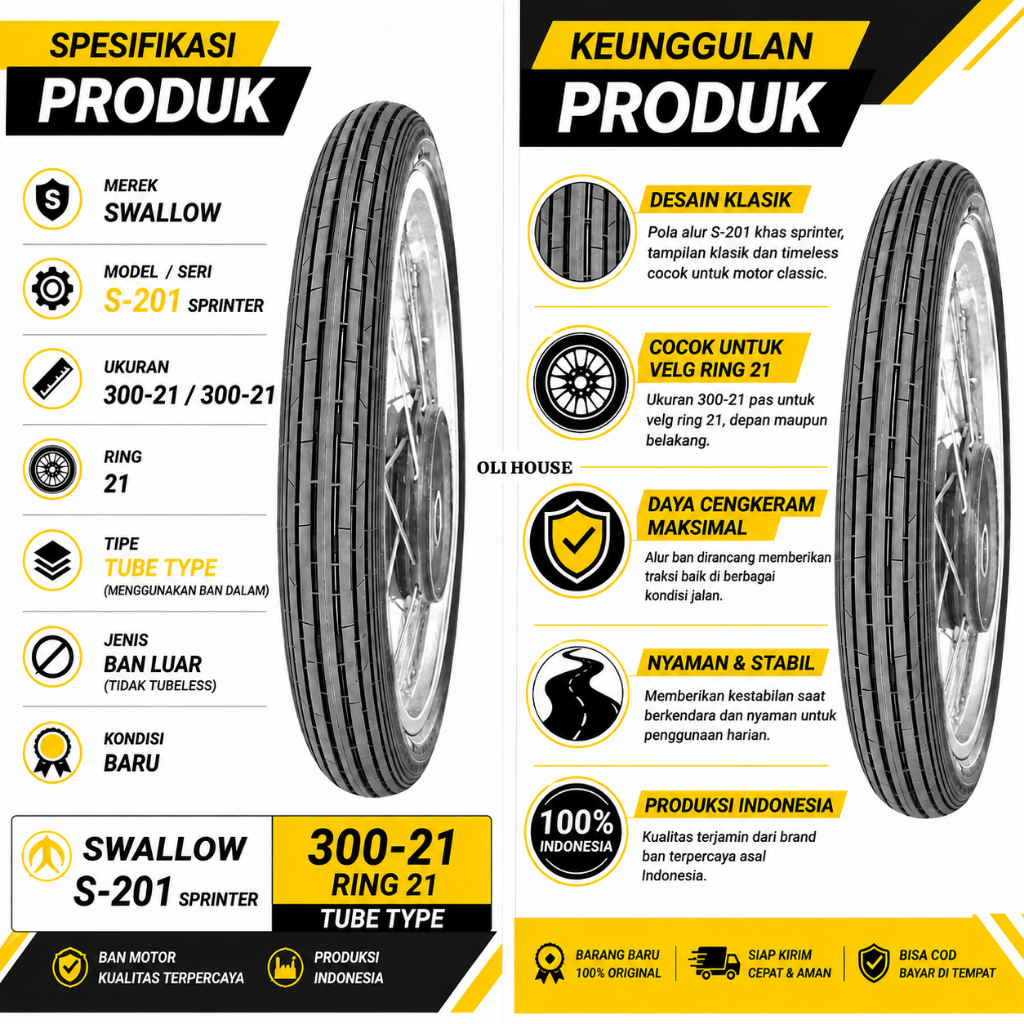 [NON TUBELESS PEMBUATAN TH. 2026] BAN LUAR MOTOR RING 21 CLASSIC CUSTOM CHOPPER UKURAN 300 RING 21 S