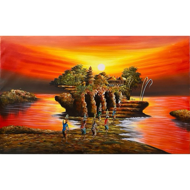 Lukisan Pemandangan Pura Tanah Lot Bali, Lukisan Canvas, Suasana Sunset, Lukisan Asli Bali
